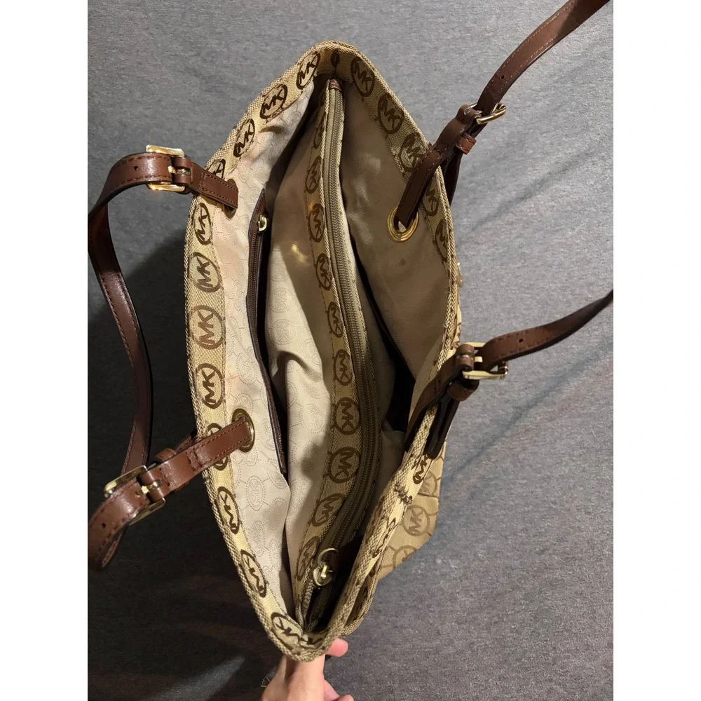 Michael Kors Signature Monogram Tote Bag Brown Jacquard Leather Trim Gold HW